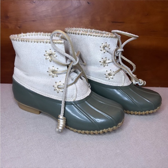 JACK ROGERS Chloe Classic Rain Boots In Olive/Metallic Beige Size 6 - Picture 1 of 9